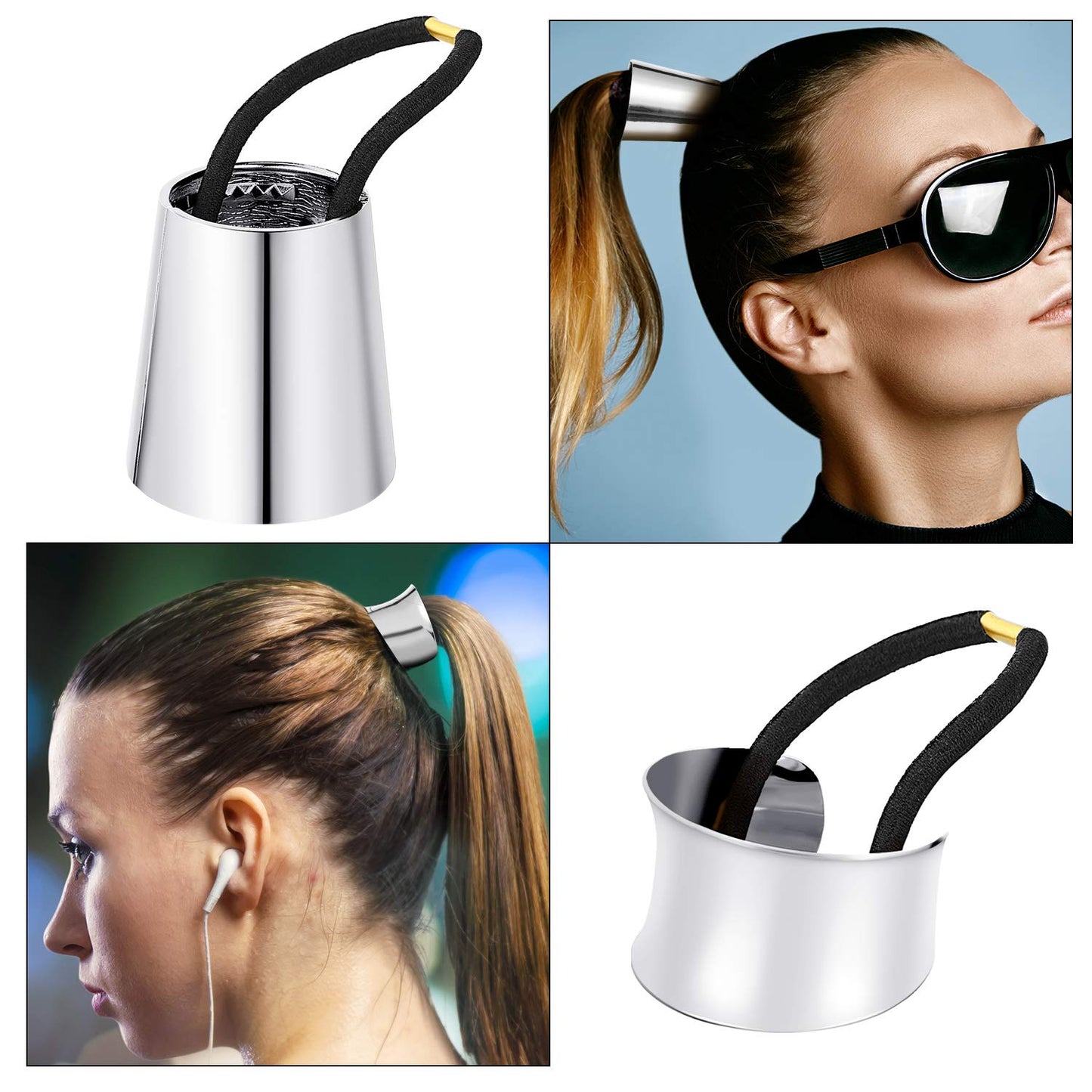 Yaomiao 3 Pieces Metal Circle Hair Cuff Elastic Hair Band Ties Ponytail Holder Rope Accessory for Women, 3 Styles(Silver)