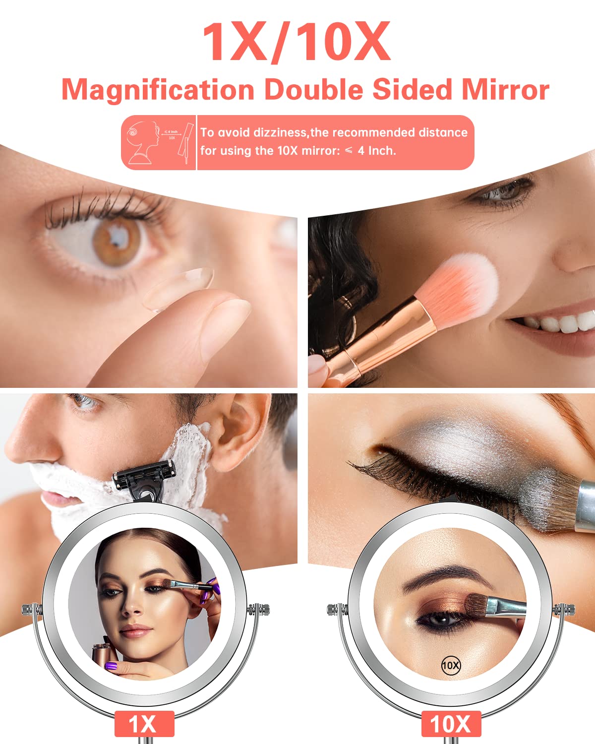 Benbilry 10X Magnifying Lighted Makeup Mirror, 7 Inch Double Sided 1X/10X Magnification with Lights, 360° Rotation Swivel Travel Make Up Mirror