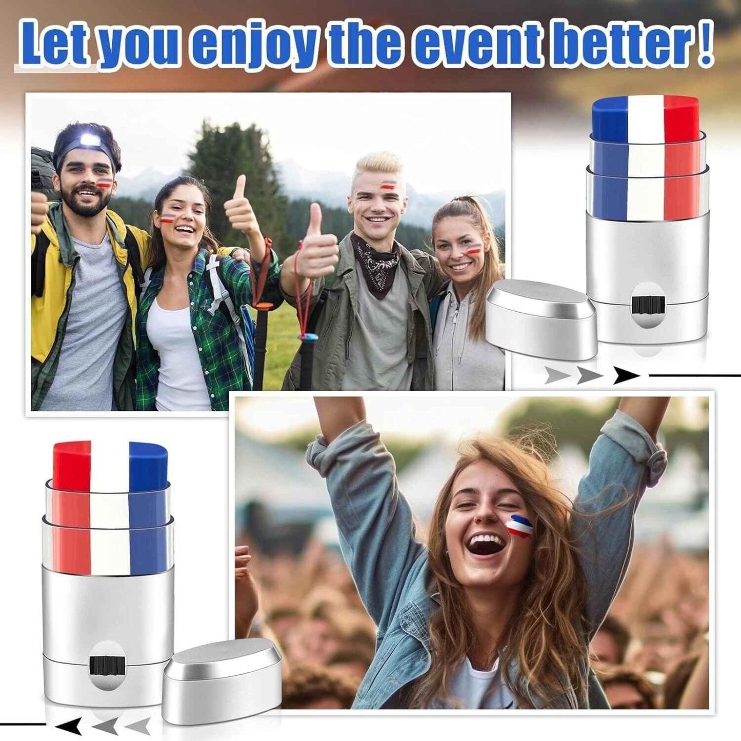 1 Set Blue White Red Stick Face Paint, Patriotic 4th of July Face Paint, Flag Face Paint, Stripe Fan Brush Stick for Cosplay, Party, Sports Makeup