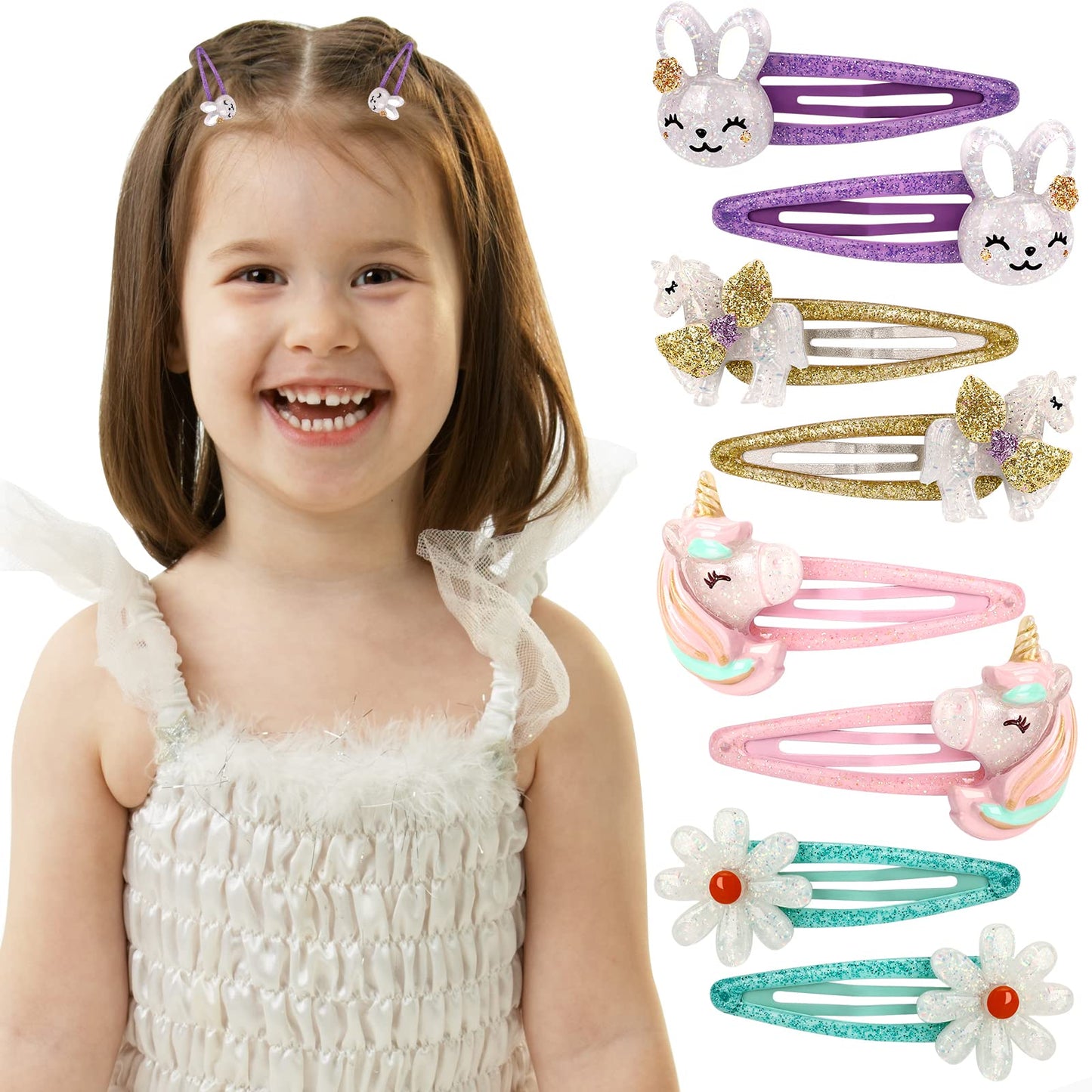 Girls Unicorn Hair Clips Toddler Girls Snap Clips with Cute Flower Pattern,Lovely Rabbit Metal Snap Hair Pins,Cute Flower Hair Clip for Toddlers