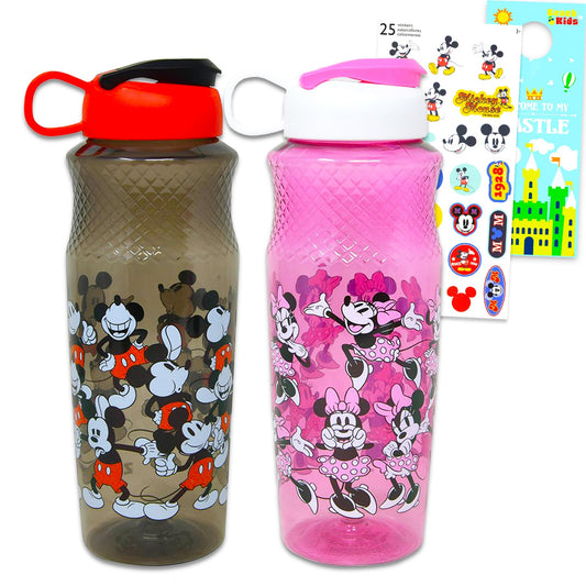 Disney Mickey & Minnie Mouse Water Bottle Set - 2 Pc School Supplies Bundle of Drinking Bottles Plus Stickers and More | Sports Cups for Kids