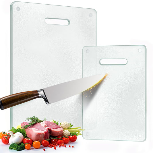 Tempered Glass Cutting Board for Kitchen, 2PCS Clear Chopping Board with Handle (16"x12" & 12"x8"), Plastic Free, Scratch Resistant, Heat Resistant…