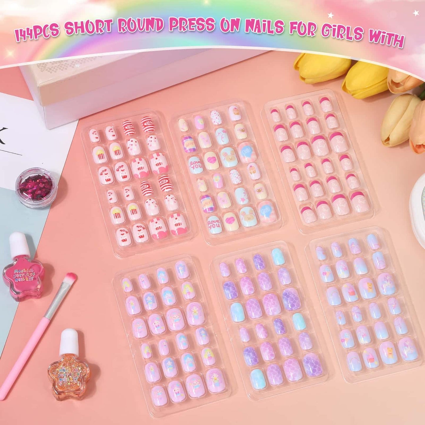144 Pcs Press on Nails for Girls, Stick On Nails for Kids Short Acrylic Fake Nails Cute Nails Art Stuff for Little Girl 8-10 Beauty and Personal Care Thrilez