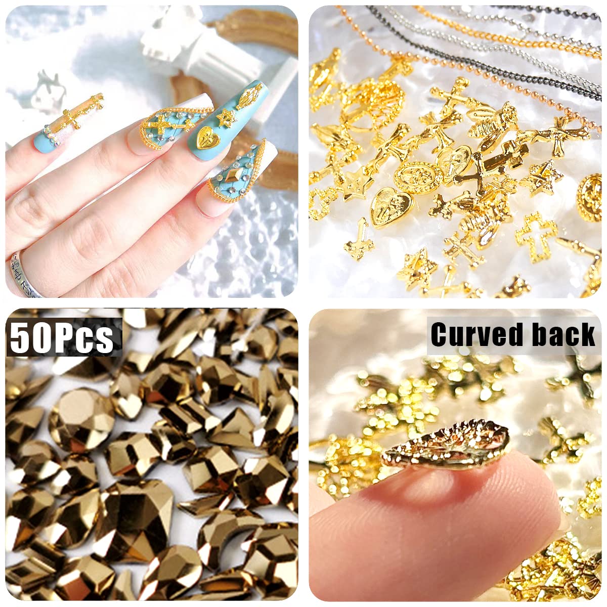 3D Cross Nail Charms,Gold Flat Back Nail Pearls Beads for Crafting,Cute Nail Charms Y2k Rhinestones Jewelry for Nail Art Flower Virgin Mary Religious