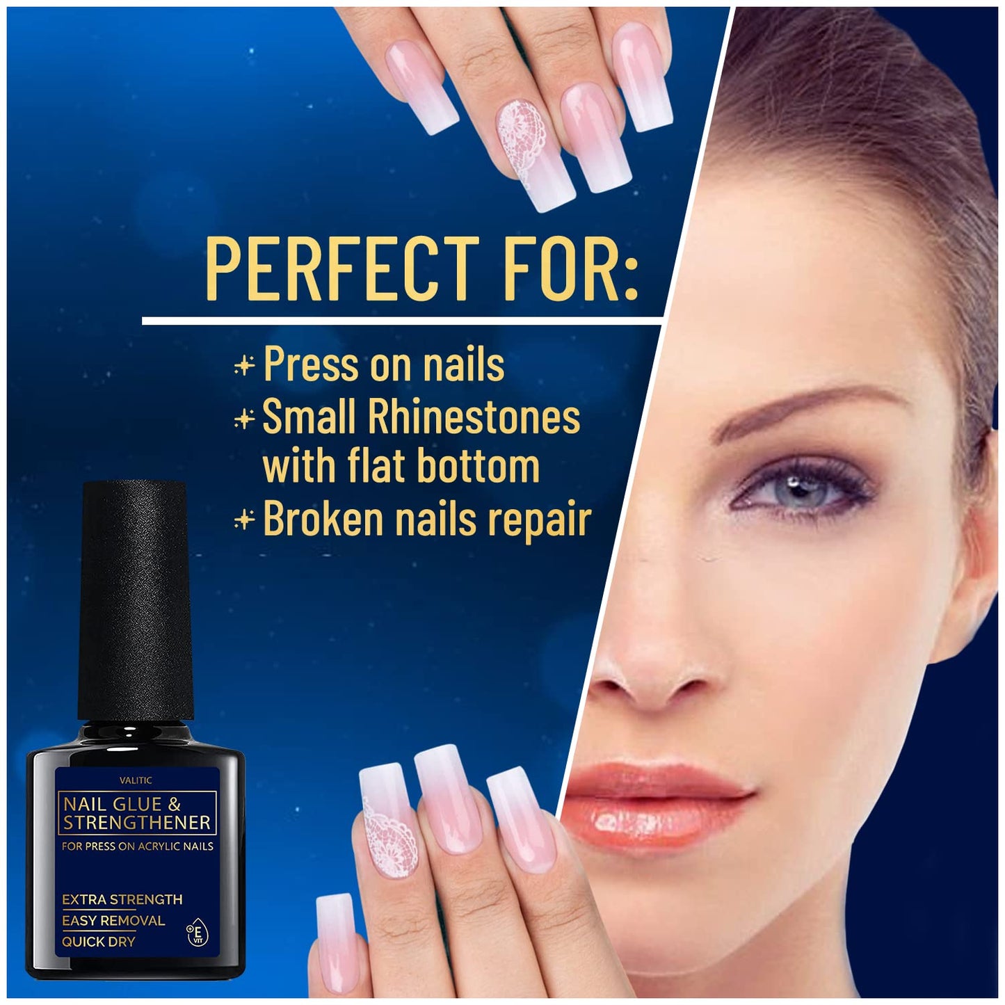 Valitic Strong Nail Glue and Strengthener for Acrylic and Press On Nails - Quick Dry Brush On Gel for Long Lasting Effect - Adhesive Nail Bond