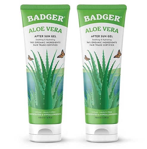 Badger Organic Aloe Vera Gel for Face & Body, 96% Pure Unscented Organic Aloe Gel for Cooling, Soothing, Non-Sticky Sunburn Relief, Vegan, Fair Trade