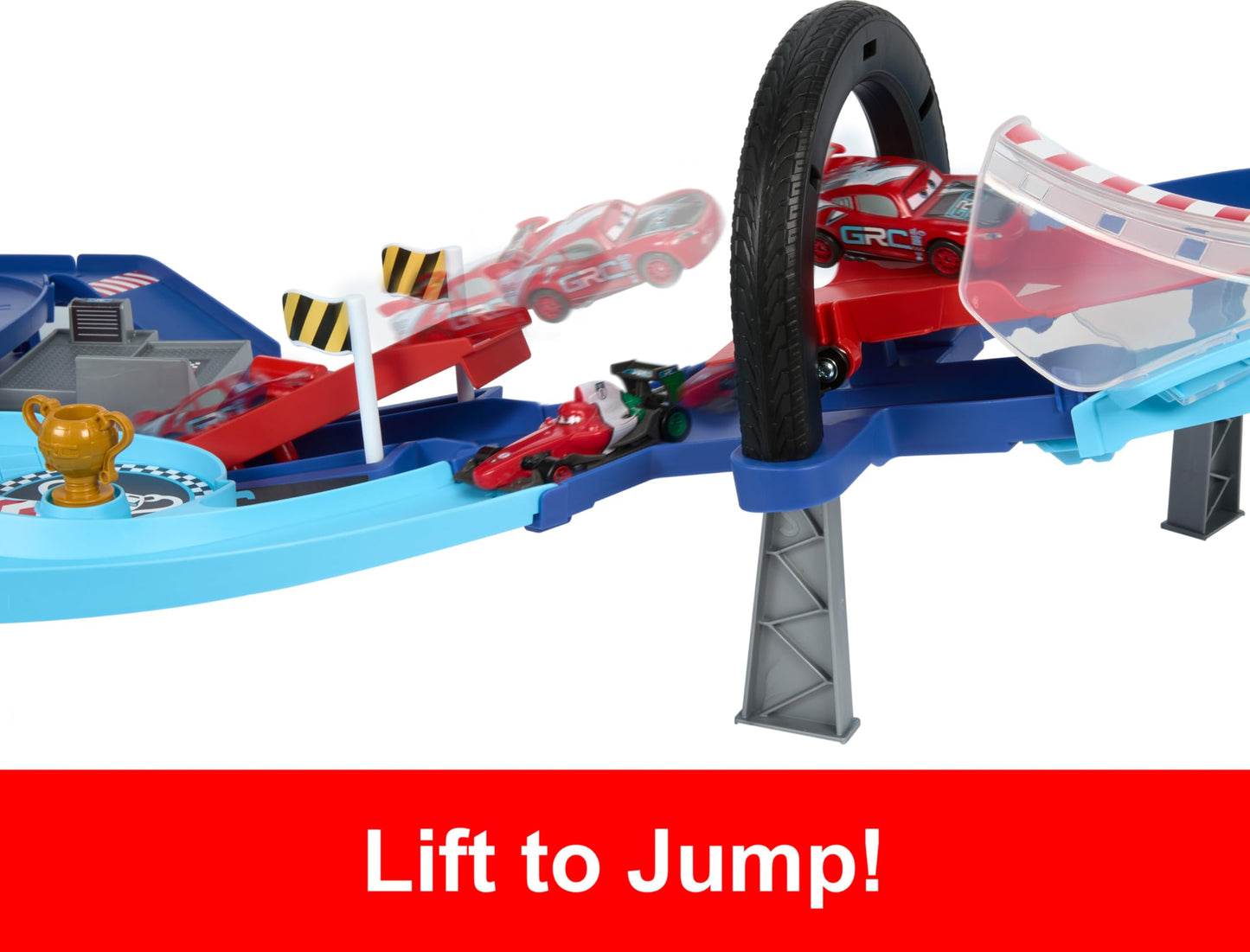 Mattel Disney and Pixar Cars Playset with 2 Toy Cars, Lightning McQueen & Francesco Bernoulli, GRC Jumping Raceway Track Set with Booster