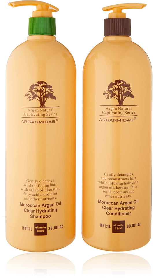 ARGANMIDAS Moroccan Oil Clear Hydrating Shampoo and Conditioner 2 Pack Bonus Size 33 oz. each Safe for Color Treated Hair UV Protection Salon Quality