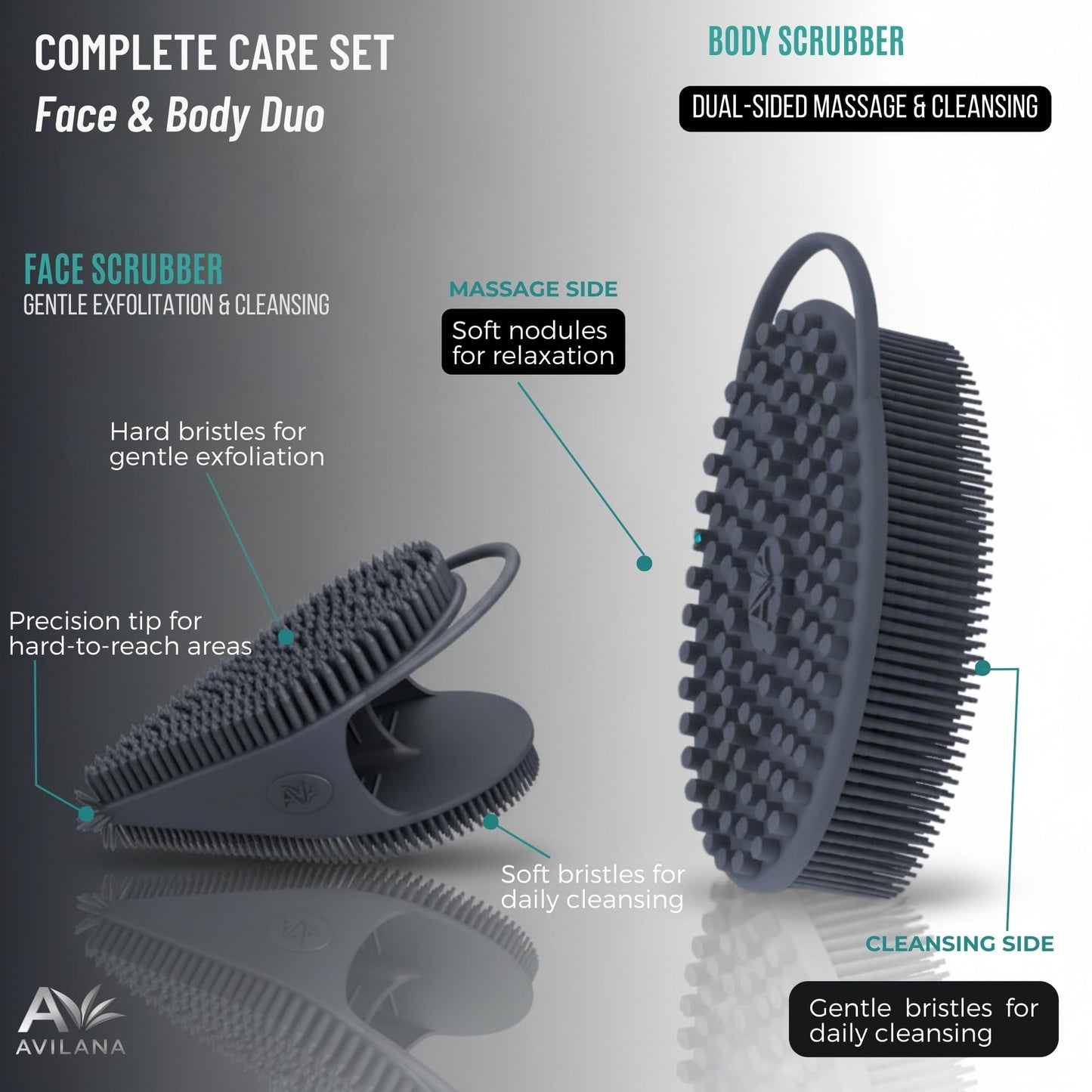 Avilana Premium Body Scrubber and Face Brush Set - Trusted Since 2017 - SGS Certified Silicone 2-in-1 Shower Kit, Dual Sided Gentle Exfoliating Loofah