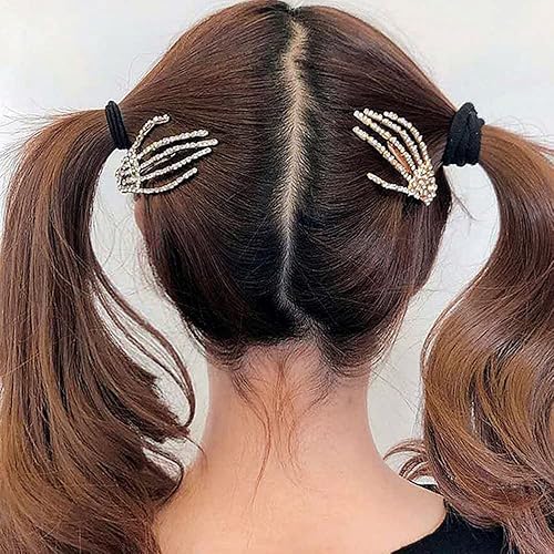 wekicici Skeleton Hand Rhinestone Hair Clip Punk Horror Skull Hairpin for Women and Girls Fashion Gothic Barrette Hair Accessories(2 pcs ), Silver