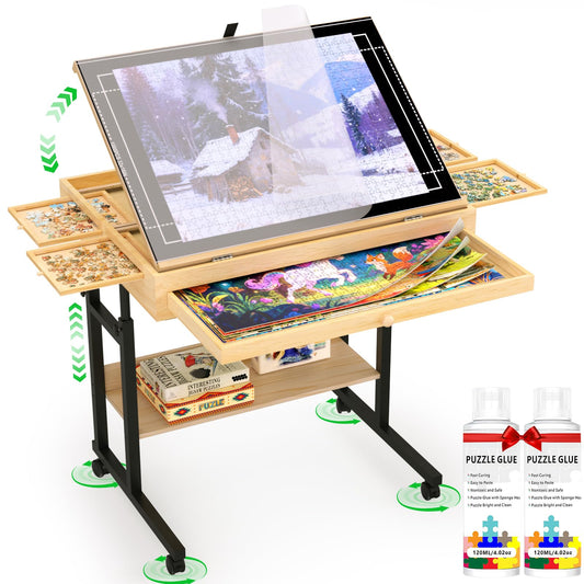 Large Puzzle Table with Drawer – Adjustable Height & Angle Wooden Board for 300-1500 Piece Jigsaws, Felt Cover, Shelf & Wheels