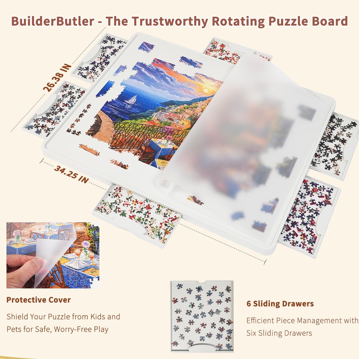 BuilderButler 1500 Piece Rotating Puzzle Board – 6 Sliding Drawers, Cover & 360° Lazy Susan Spin, 34.25"x26.38" Portable Puzzle Table