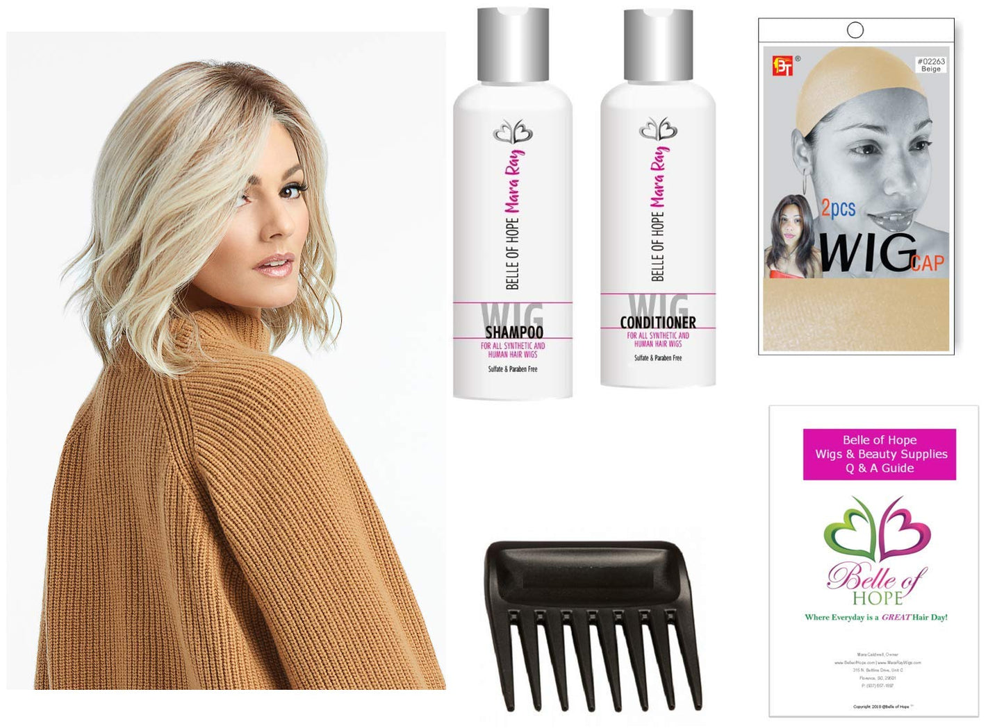 SIMMER Lace Front 6 PC Bundle: SIMMER wig, 4oz Mara Ray Luxury Shampoo & Conditioner, Comb, Beige Wig Cap, 19 Page Belle of Hope Q & A Guide (RL8/29)