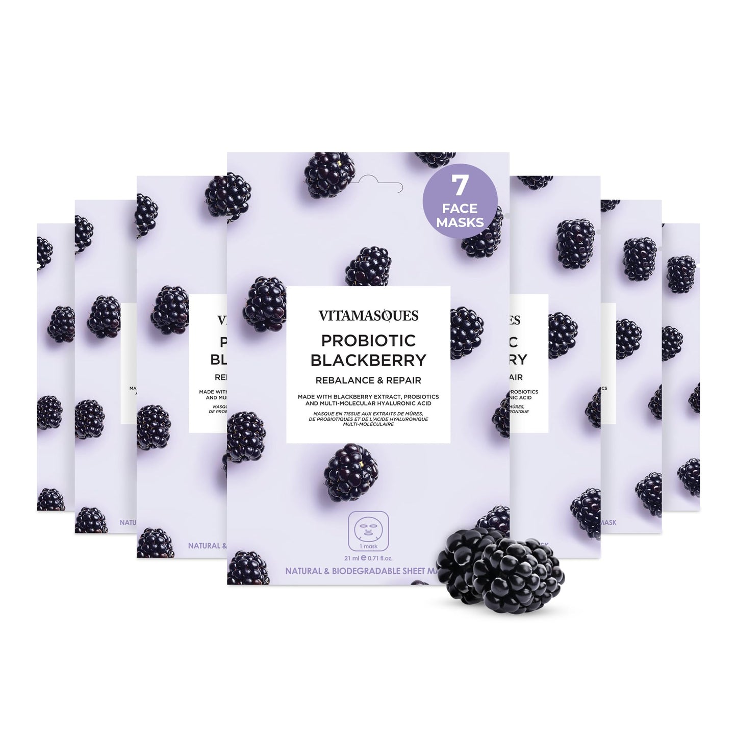 Vitamasques Probiotic Blackberry Face Sheet Mask 7 Pack - Korean Skin Care Facial Mask Rebalances & Repairs Skin with Multi Molecular Hyaluronic Acid