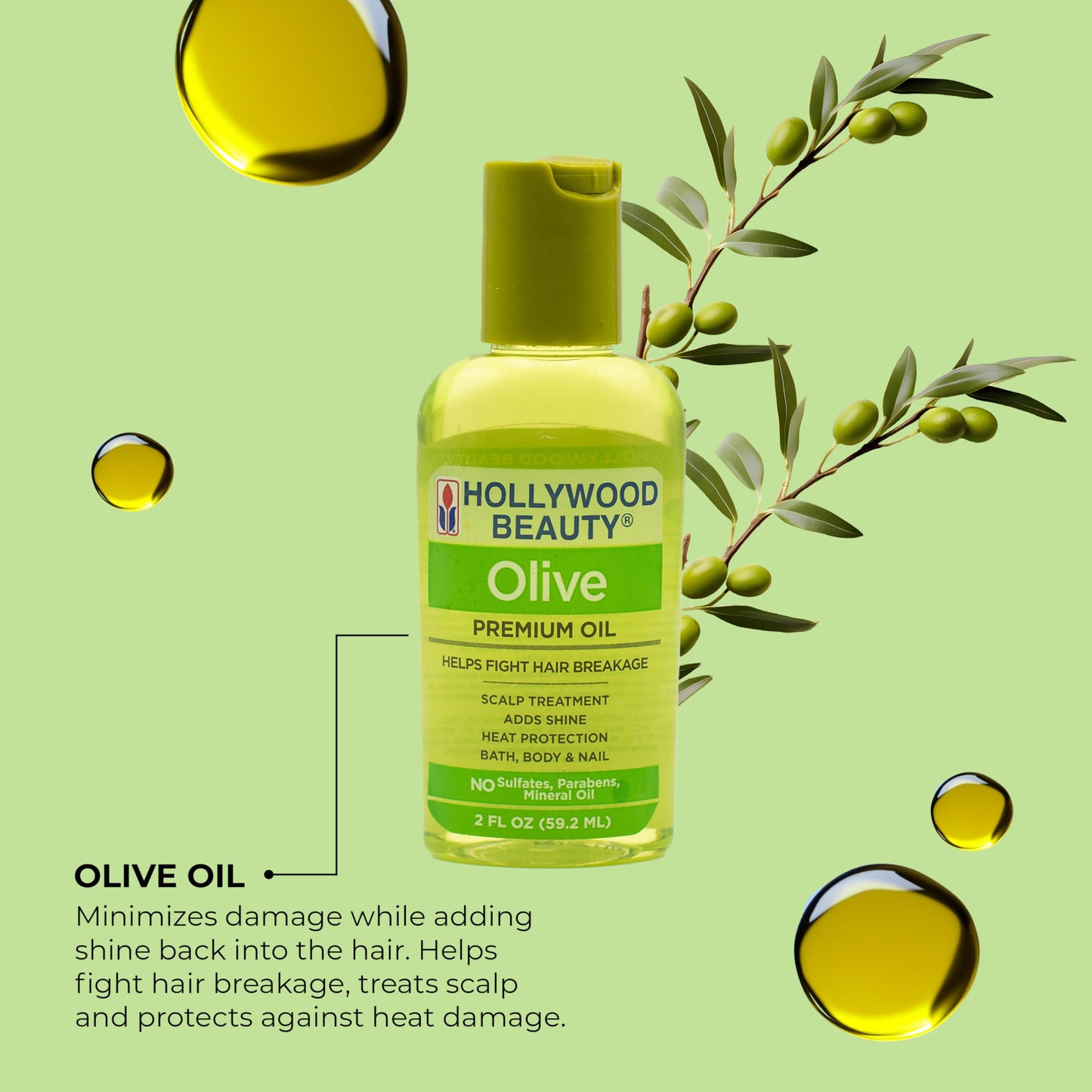 Hollywood Beauty Olive Hair Oil, 2 oz - Fights Hair Breakage, Adds Shine, Heat Protection, Moisturizes Hair & Skin, Antioxidant-Rich