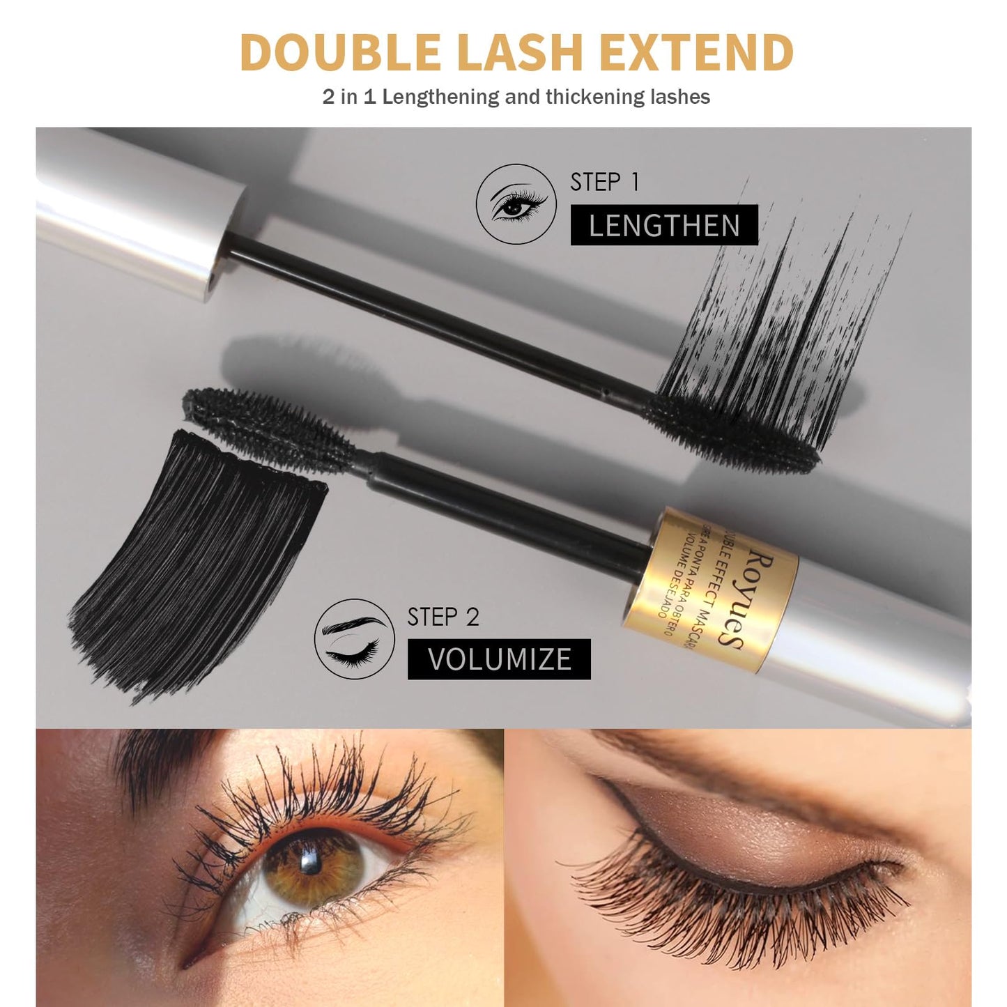 AKARY Mascara Waterproof & Smudge-Proof - 2-1 Long-Lasting Mascara Black Volumizing and Lengthening for Eye Makeup, Liquid Lash Extensions Mascara