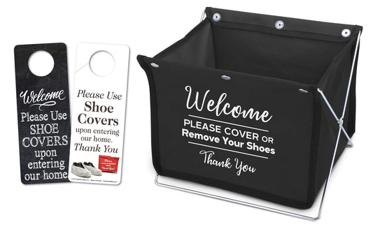 Mediz Foldable Shoe Cover Holder (Black) with Bonus: 1 Door Hanger with Designs on Front and Back - Please Use Shoe Covers