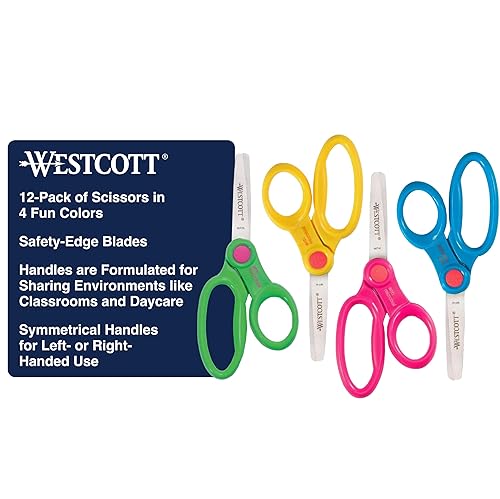 Westcott 14871 Right- and Left-Handed Scissors, Kids' Scissors, Back to School, Classroom Supplies, Ages 4-8, 5-Inch Blunt Tip, Assorted, 12 Pack