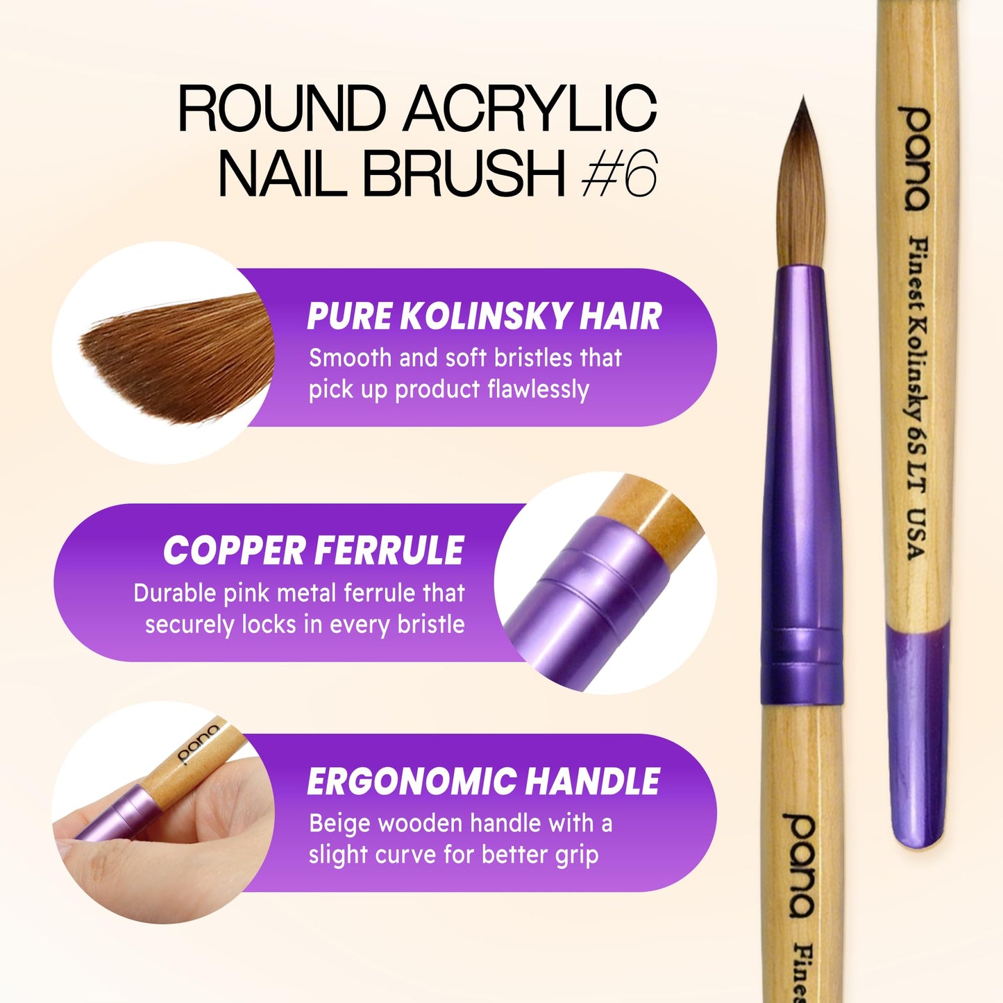 Pana Acrylic Nail Brush Pure Kolinsky Hair Beige Purple Wood Handle with Purple Ferrule Round Shaped Style (Size # 6) Beauty & Personal Care PANA