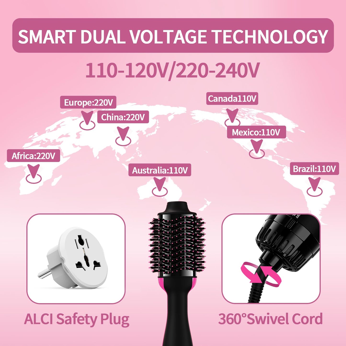 Dual Voltage Hair Dryer Brush with Negative Ion Anti-frizz Styler - Hot Air Volumizer for 110V-120V/220V-240V European and Travel Use