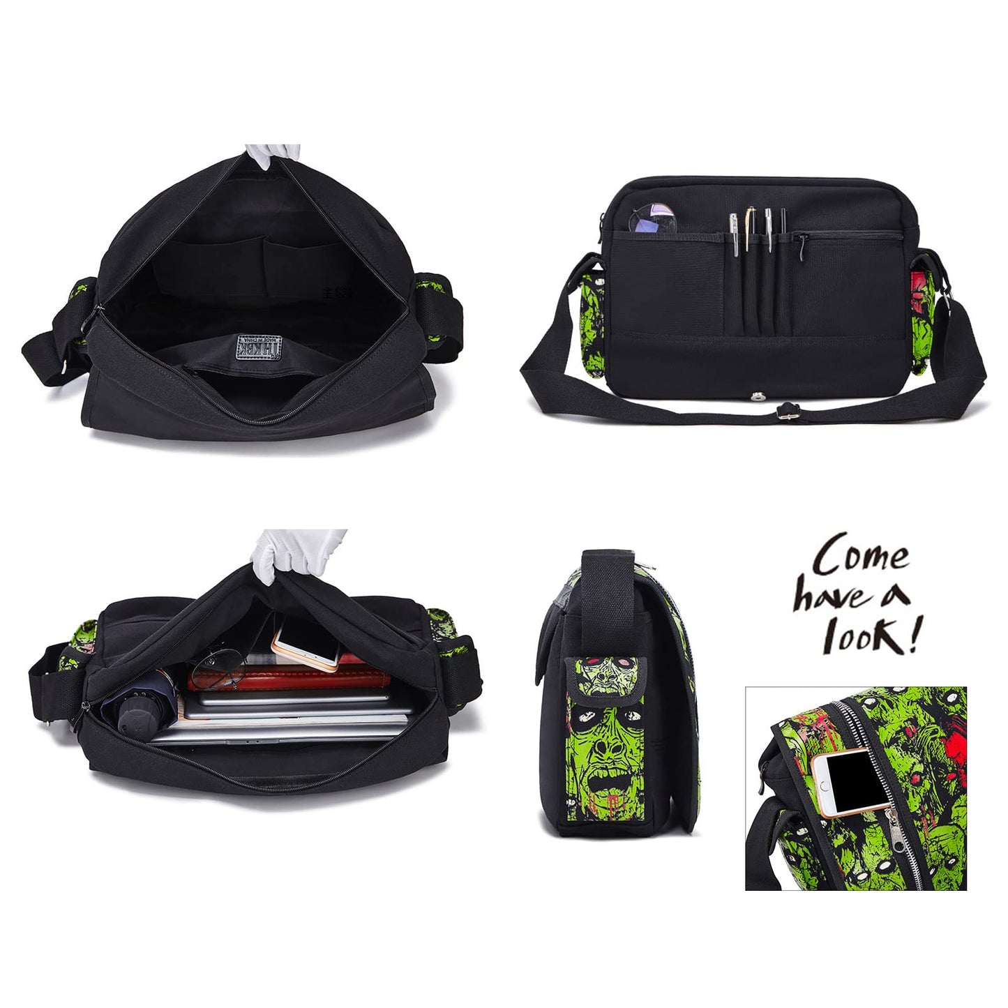 MEOKIM Gothic Canvas Backpack with Printed Skull - Green Tote Bag