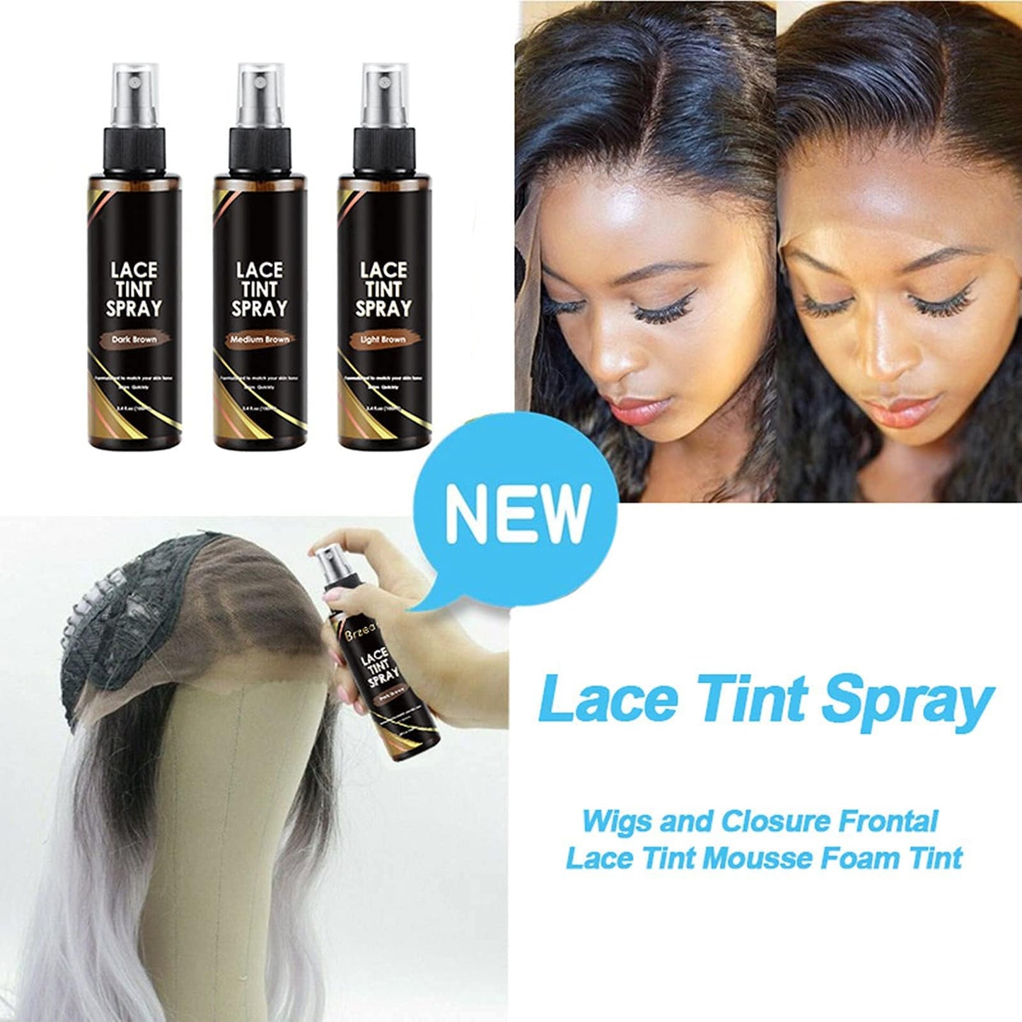 Lace Tint Spray for Wigs - Dark, Medium, and Light Brown Shades for Closures and Frontal Lace Wigs - 100ml