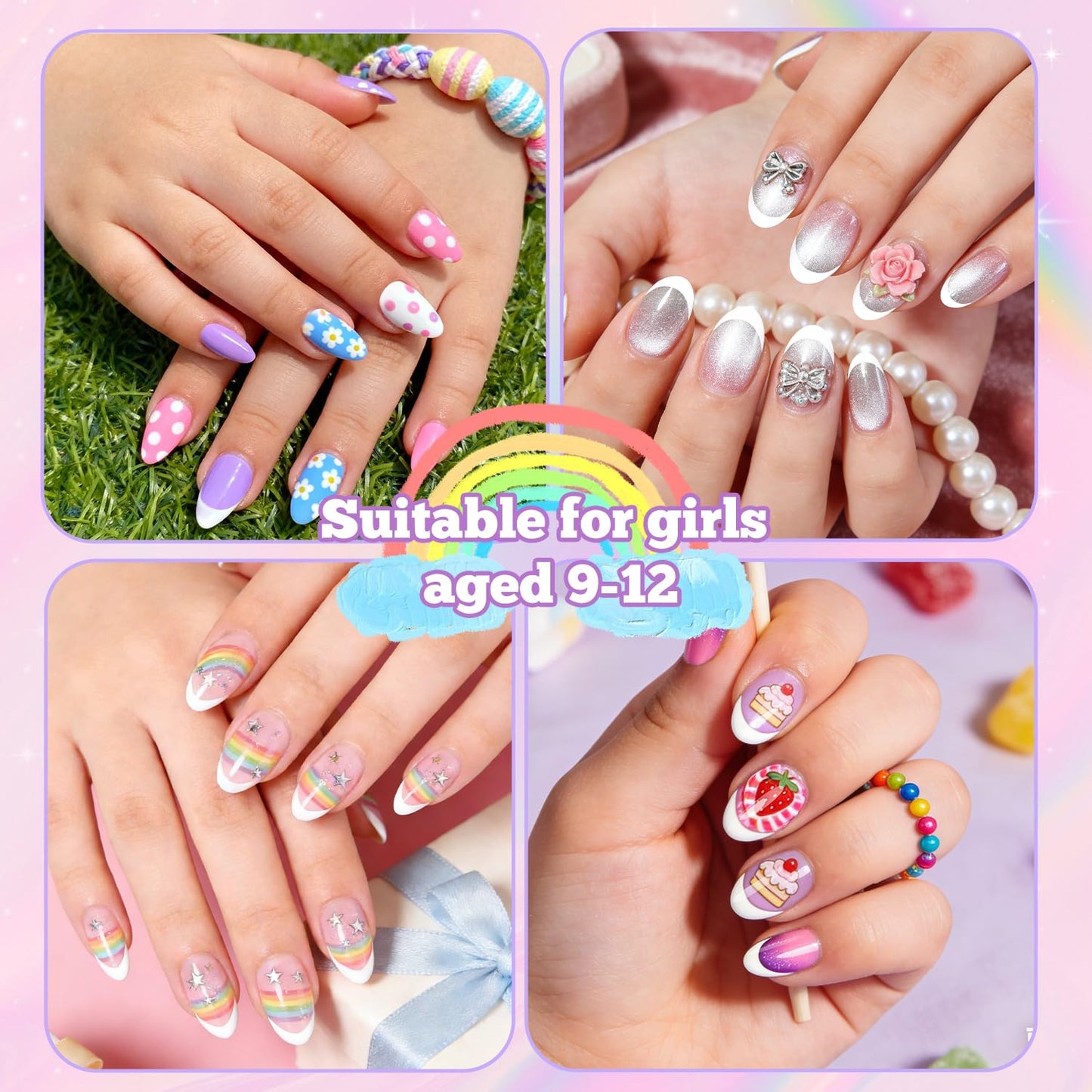 krofaue 240Pcs Kids Press on Nails with Handle - Short Fake Nails for Girls 12 Sizes Soft Gel Nail Tips for Safe & Fun DIY Nail Tips Art for Children Beauty and Personal Care krofaue