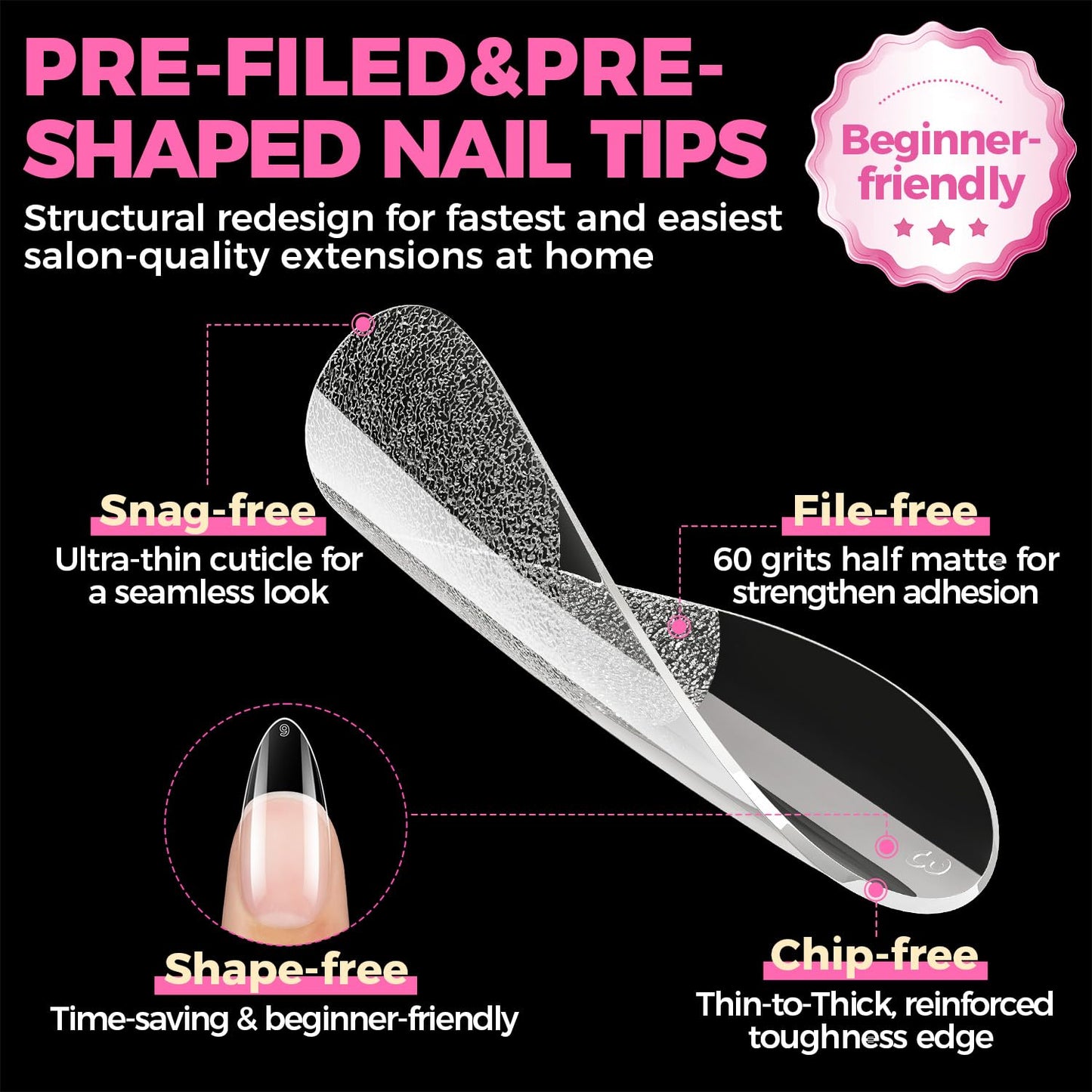 UNA GELLA Almond Gel Nail Tips, 504PCS Pre Etched Clear Fake Nails Tips Medium Almond Shape - 12 Sizes Full Cover Soft Acrylic Press On Nail