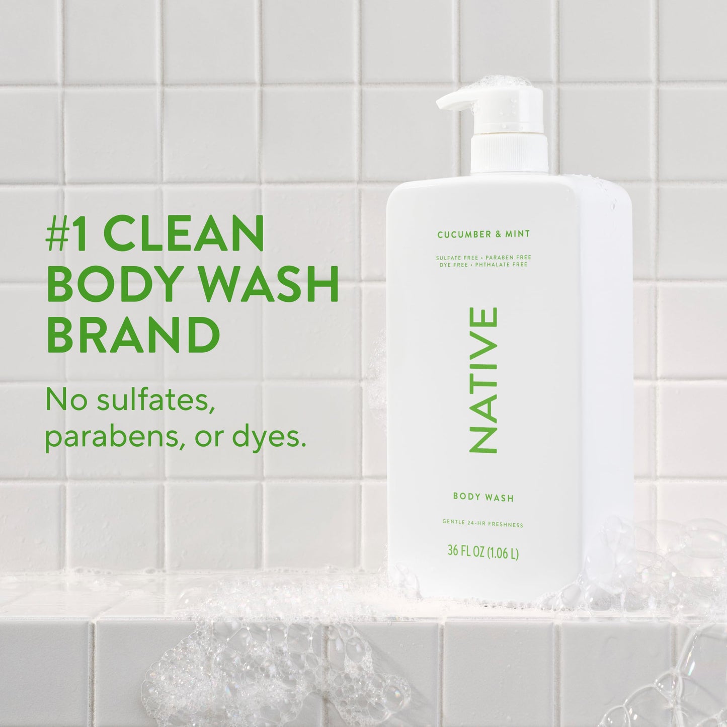 Native Body Wash for Women & Men, Cucumber & Mint, 36 oz Pump Bottle, Sulfate-Free & Gentle