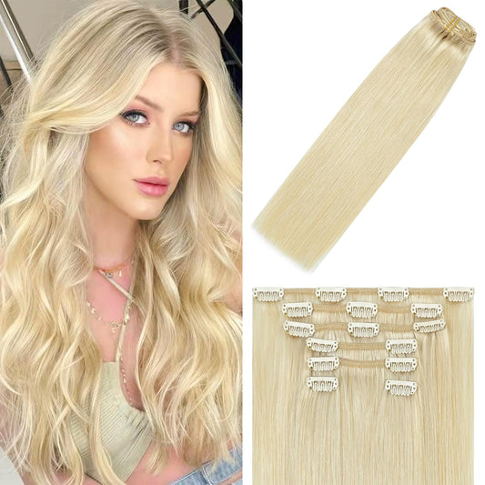 WindTouch Clip In Hair Extensions Real Human Hair Platinum Blonde Hair Extensions 18Inch 75g #60 7PCS