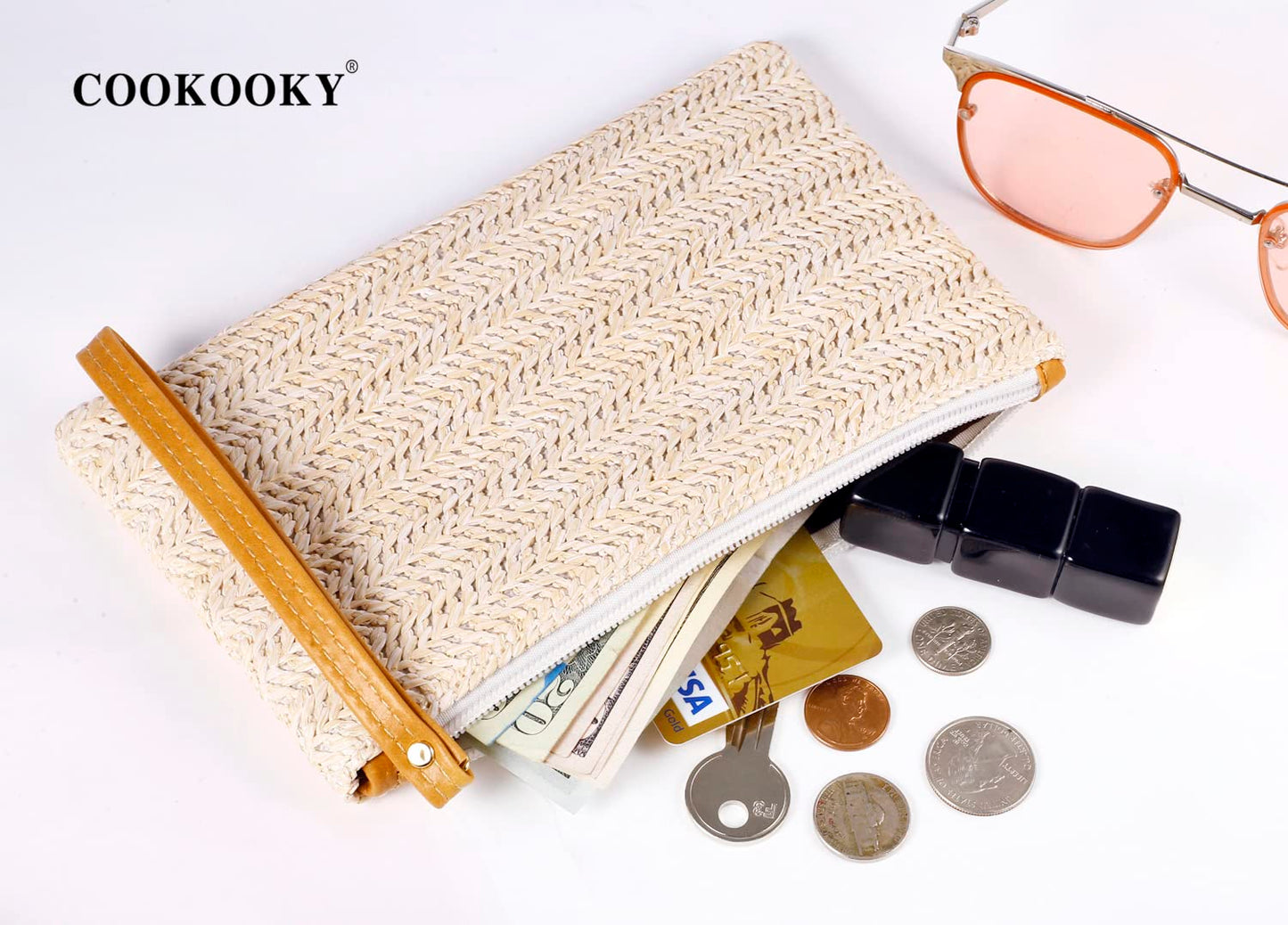COOKOOKY Women's Straw Clutch Bag Bohemian Zipper Wristlet Summer Beach Sea Purse Wallets (Beige- White)
