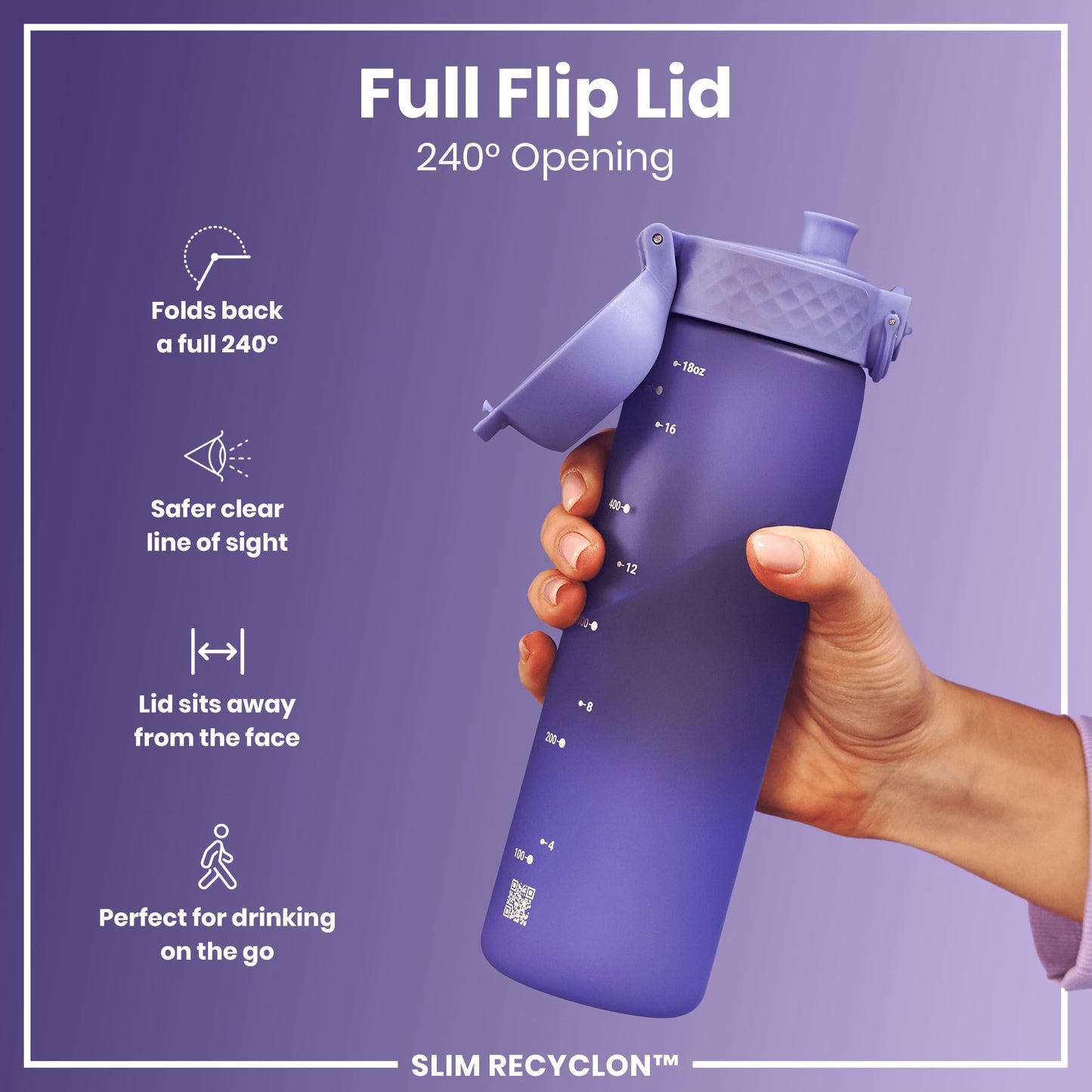 Ion8 Water Bottle, 500 ml/18 oz, Leak Proof, Easy to Open, Secure Lock, Dishwasher Safe, BPA Free, Flip Cover, Carry Handle, Fits Cup Holders, Easy