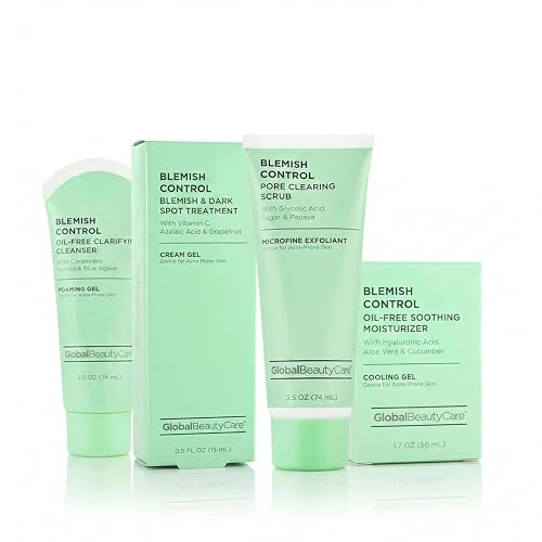 Global Beauty Care Blemish Control Skincare Kit - Clarifying Facial Cleanser, Exfoliating Scrub, Dark Spot Treatment & Soothing Moisturizer to Help