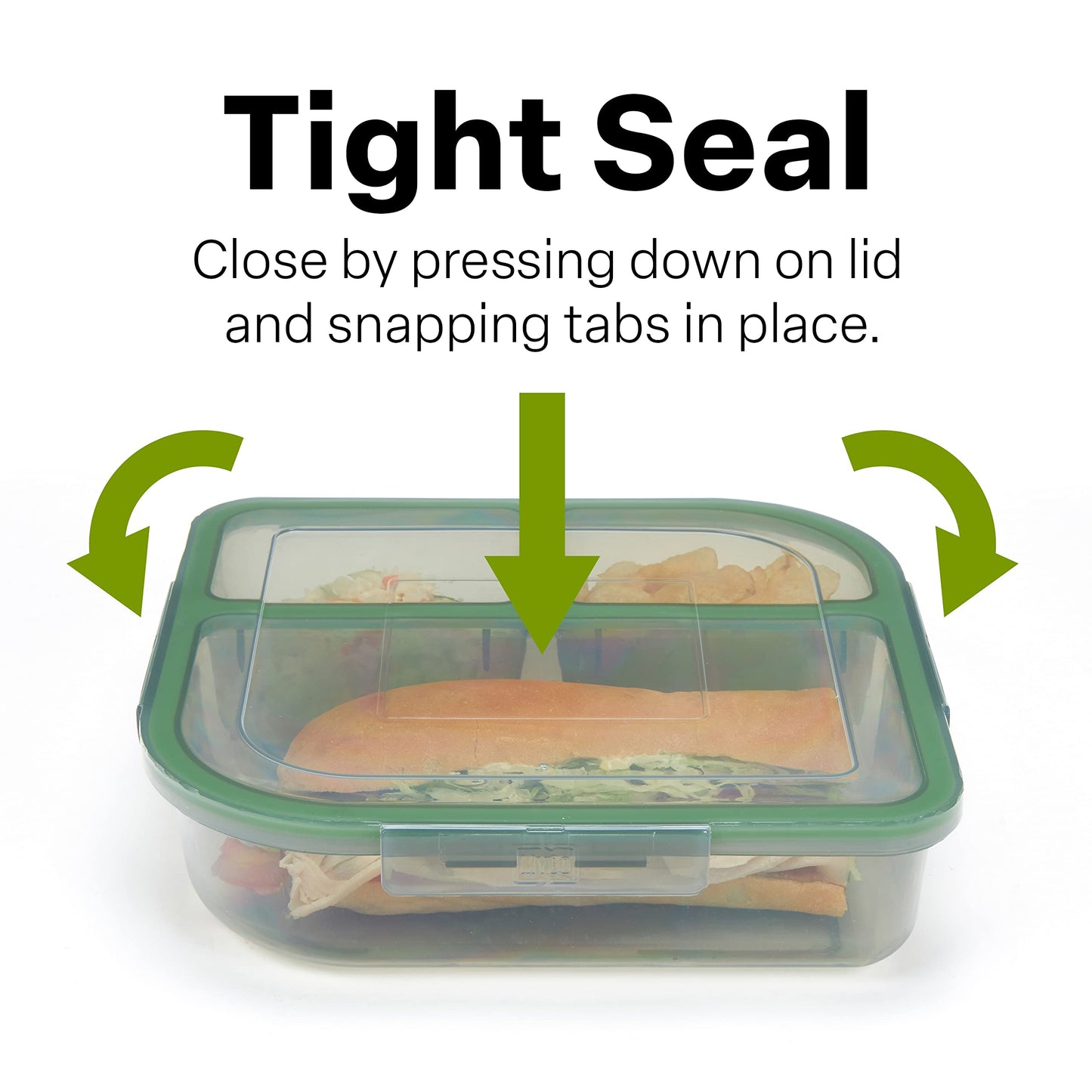 MyGo Container Large To-Go 3-Compartment Food Containers, Pack Of 3, 9-3/8" X 9-3/8" X 2-1/2", Reusable, Microwave Safe, NSF Certified, Smoke/Green