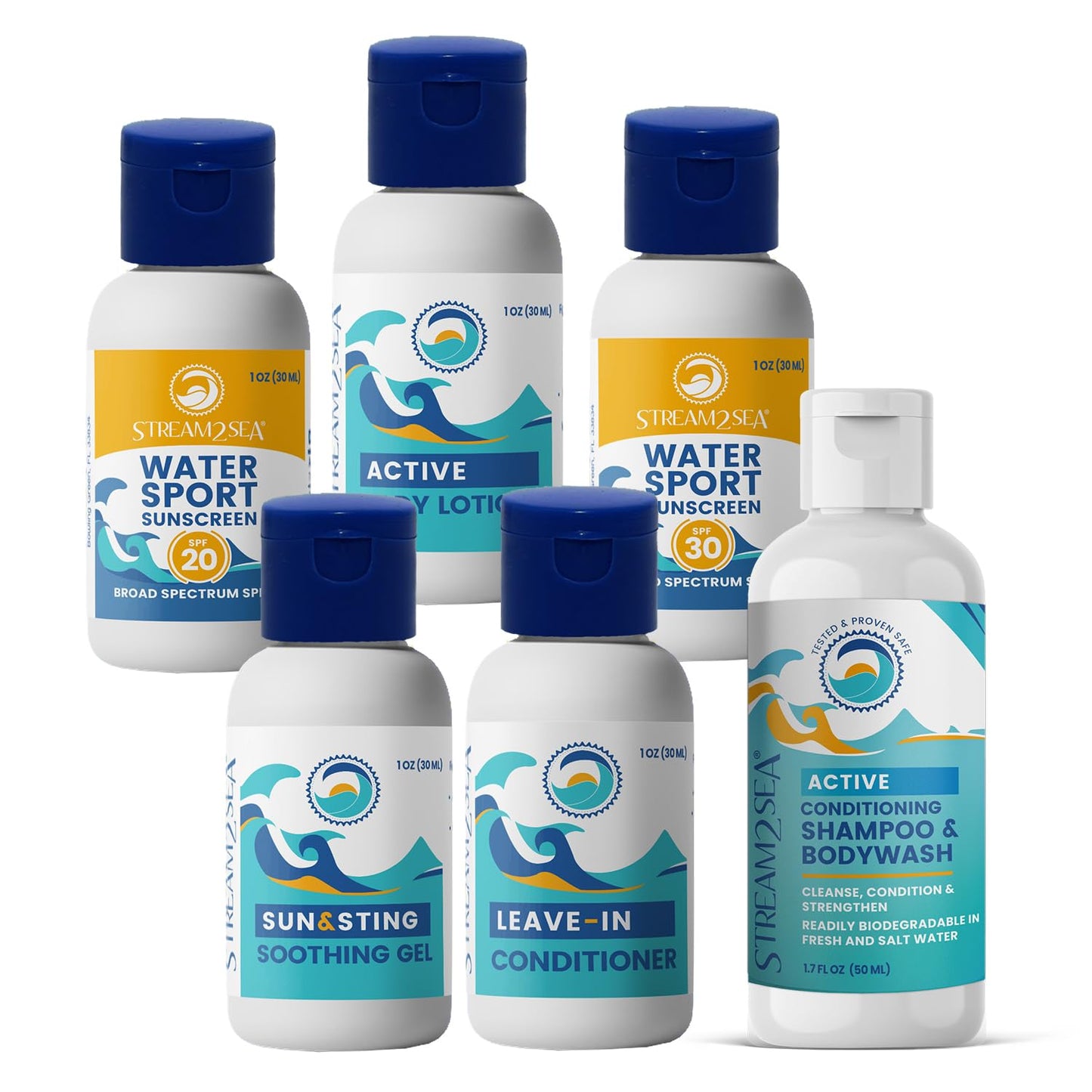 STREAM 2 SEA 6 Pack Natural Travel Sized Toiletries, 1oz Paraben Free Sample Size Shampoo, Conditioner, Lotion, Mineral Sunscreen SPF 20 and SPF 30