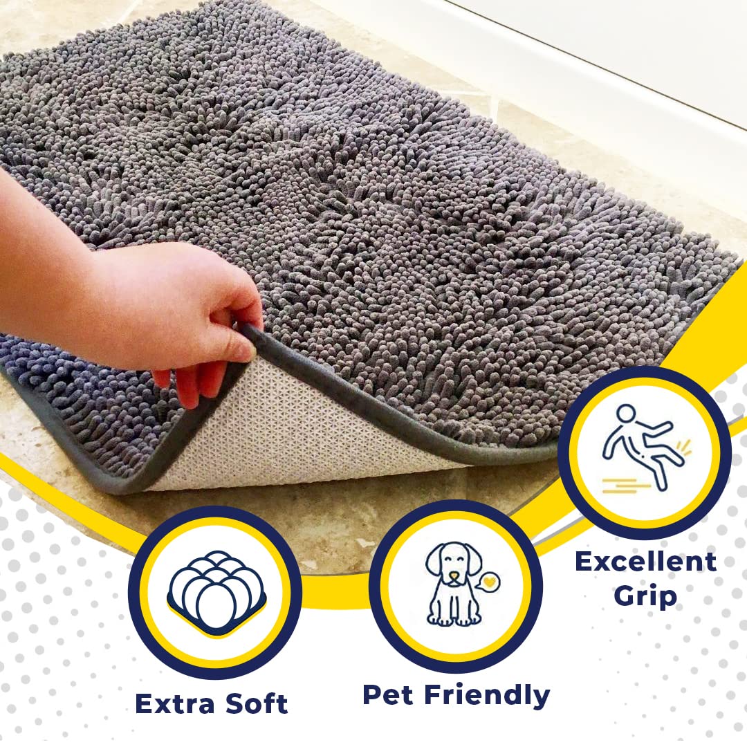 Muddy Mat® Super Absorbent Microfiber Dog Door Mat – Non-Slip, Quick-Dry Chenille Rug for Muddy Paws – Washable Indoor/Outdoor Pet Carpet, Grey 30"x19"