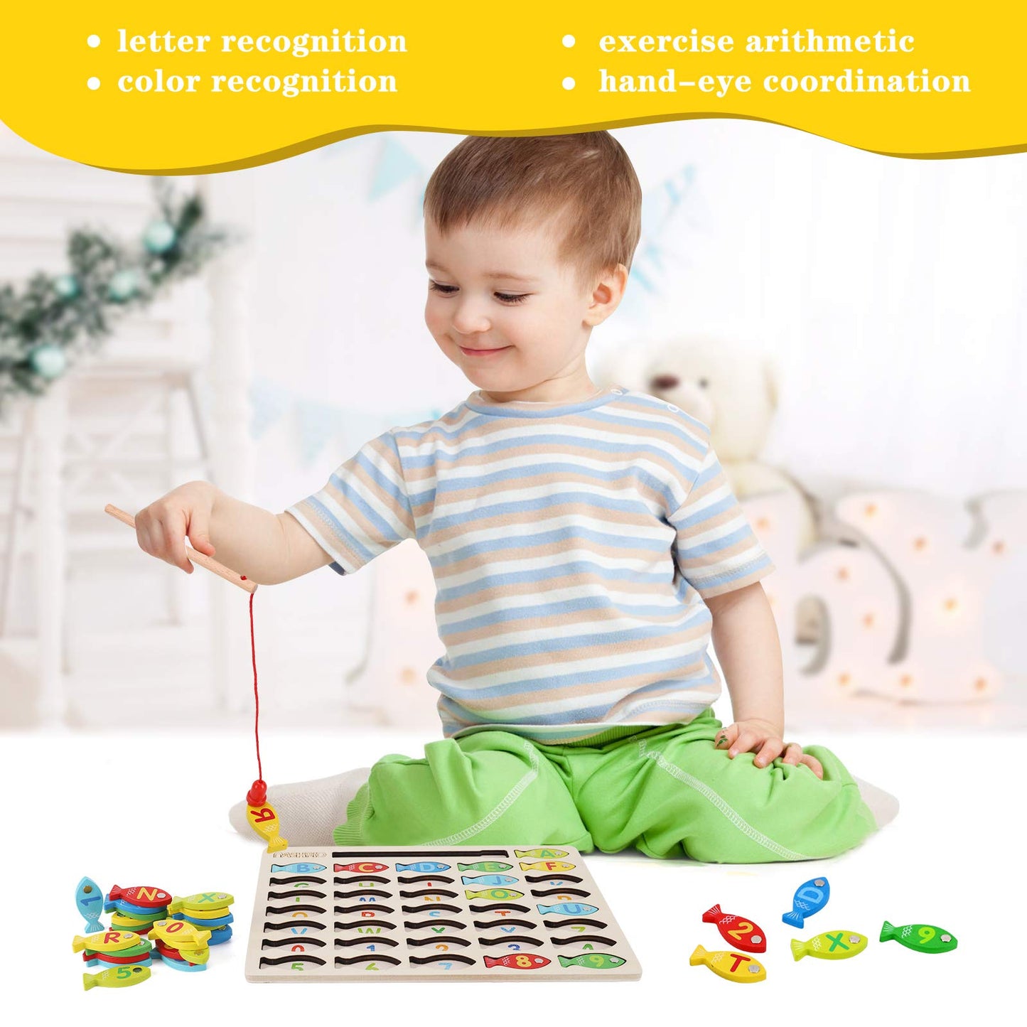 Magnetic Wooden Fishing Game for Toddlers – Alphabet & Number Catching Puzzle, Preschool Learning ABC Math Educational Toy for Kids Ages 3-5