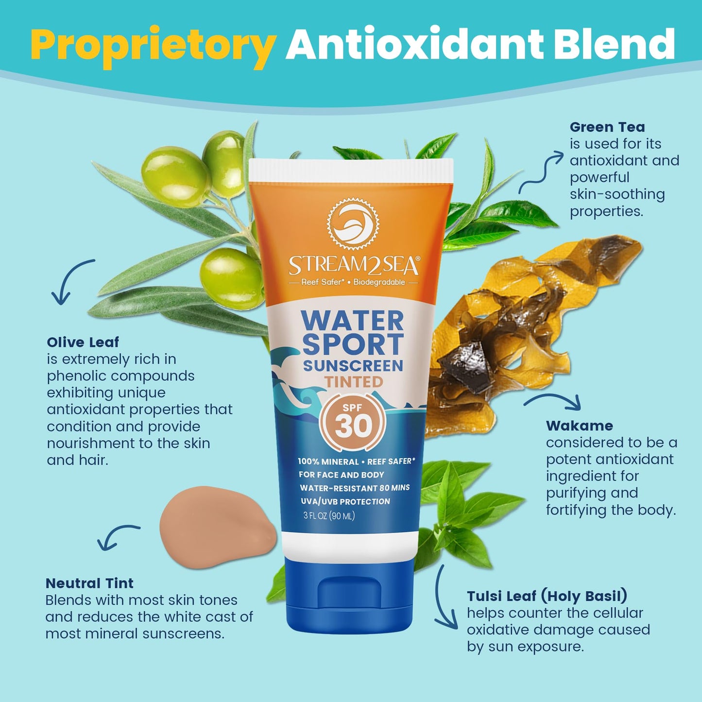 STREAM 2 SEA Tinted Sunscreen with SPF 30 All Natural, Biodegradable and Reef Safe, 3 Fl oz Non Greasy and Moisturizing Mineral Sunscreen For Face