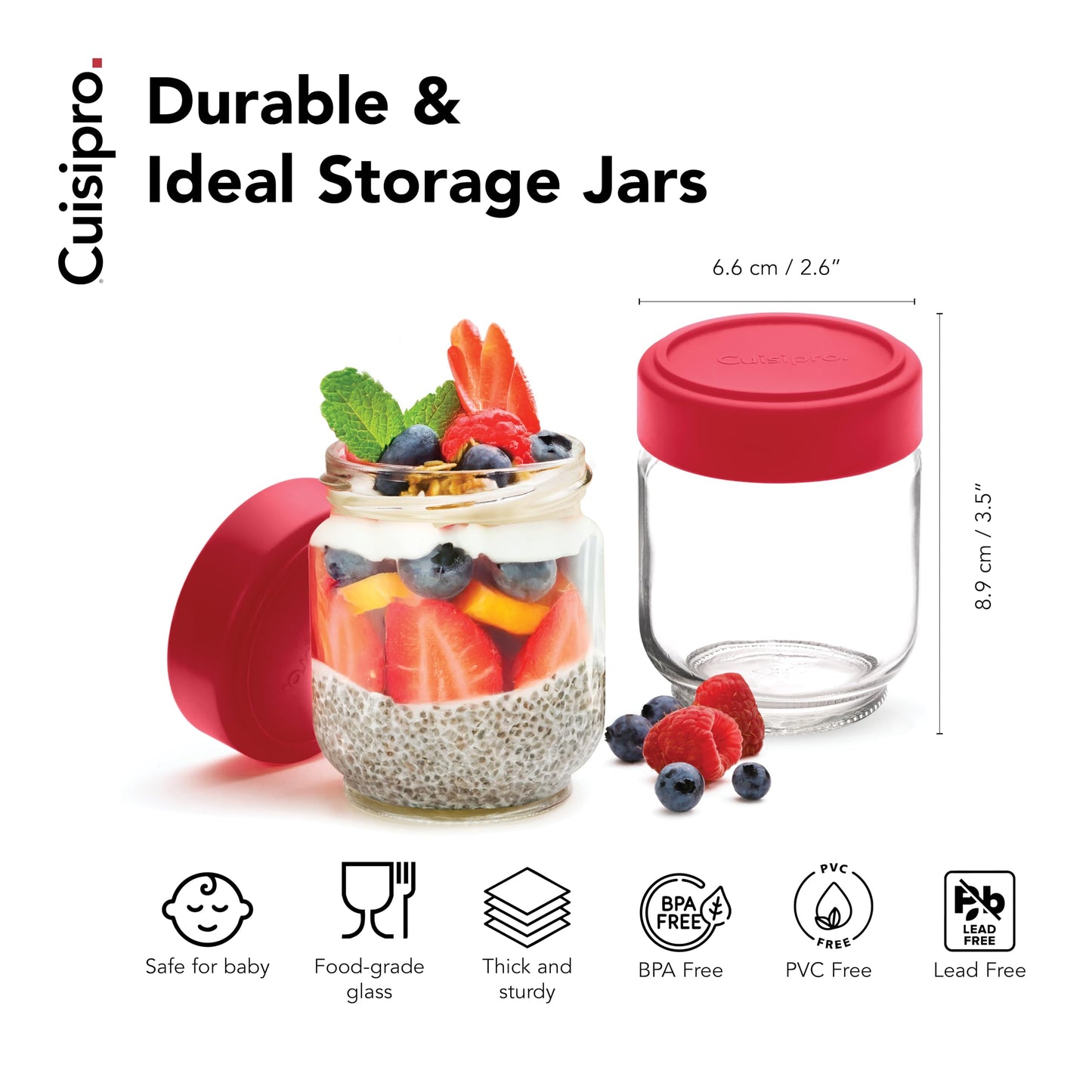 Cuisipro Jars with Lids, 6 Oz Glass Jars with Airtight Lid Wide Mouth, 4 Pack, Canning Jars for Liquid, Glass Container for Yogurt, Spice, Red