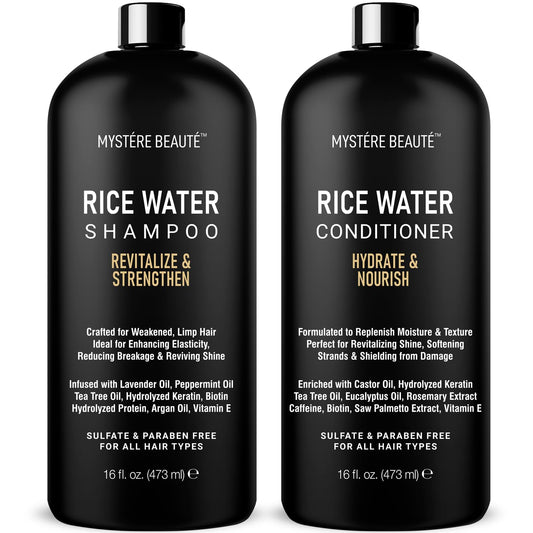 MYSTÉRE BEAUTÉ Rice Water Shampoo and Conditioner Set - Sulfate Free with Biotin, Hyaluronic Acid & Tea Tree - Strengthens, Thickens & Adds Shine