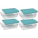 Pyrex Basics Clear Glass Food Storage Dishes, 4 (3-Cup) Oblong Dishes with Turquoise Plastic Lids Made in the USA