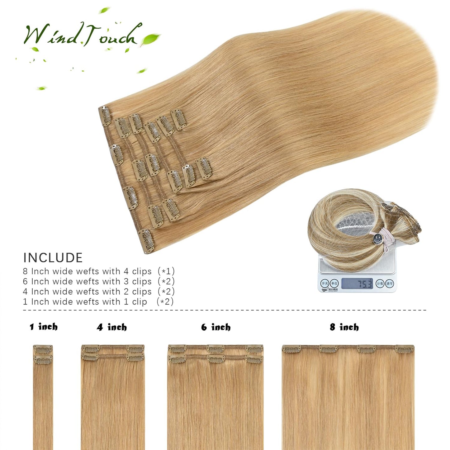 WindTouch Clip in Hair Extensions Remy Hair Honey Blonde For Black Women 20Inch 75g Soft Clip Ins #27 7PCS Gift For Women