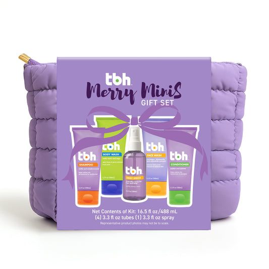 TBH Kids Glow & Go Gift Set | Tween Hair, Body & Skincare Kit for Girls and Boys | 5 Clean Mini Essentials in Travel Zip Pouch - Perfect Self-Care
