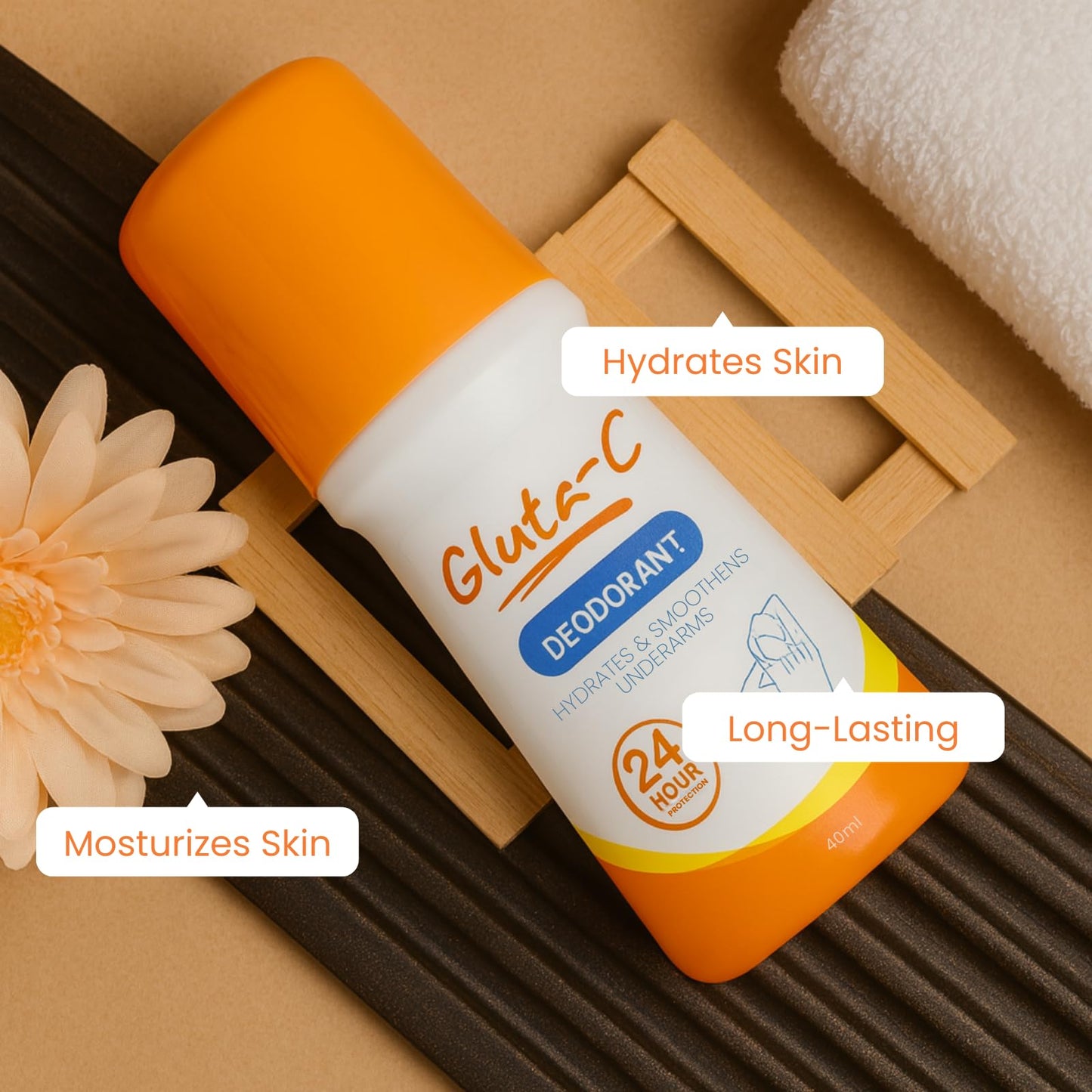 Gluta-C Deodorant Roll-On, 24-Hour Odor and Sweat Protection, Smoothens and Hydrates Underarm Skin, Paraben-Free, Quick-Dry, 40ml for Women & Men - 2 Beauty and Personal Care Gluta-C