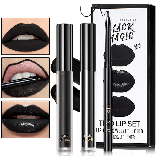 Black Matte Liquid Lipstick,3 in 1 Black Lip Liner and Lipstick Set,Matte Lip Gloss Long Lasting Moisturizing Velvet Lipgloss Make Up Gift Set Cosplay