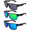 Birdz Eyewear Glide 3 Pairs Sunglasses for Men or Women Scratch Resistant Lens Lightweight Black Square Frame Smoke Green and Blue Mirror Lens