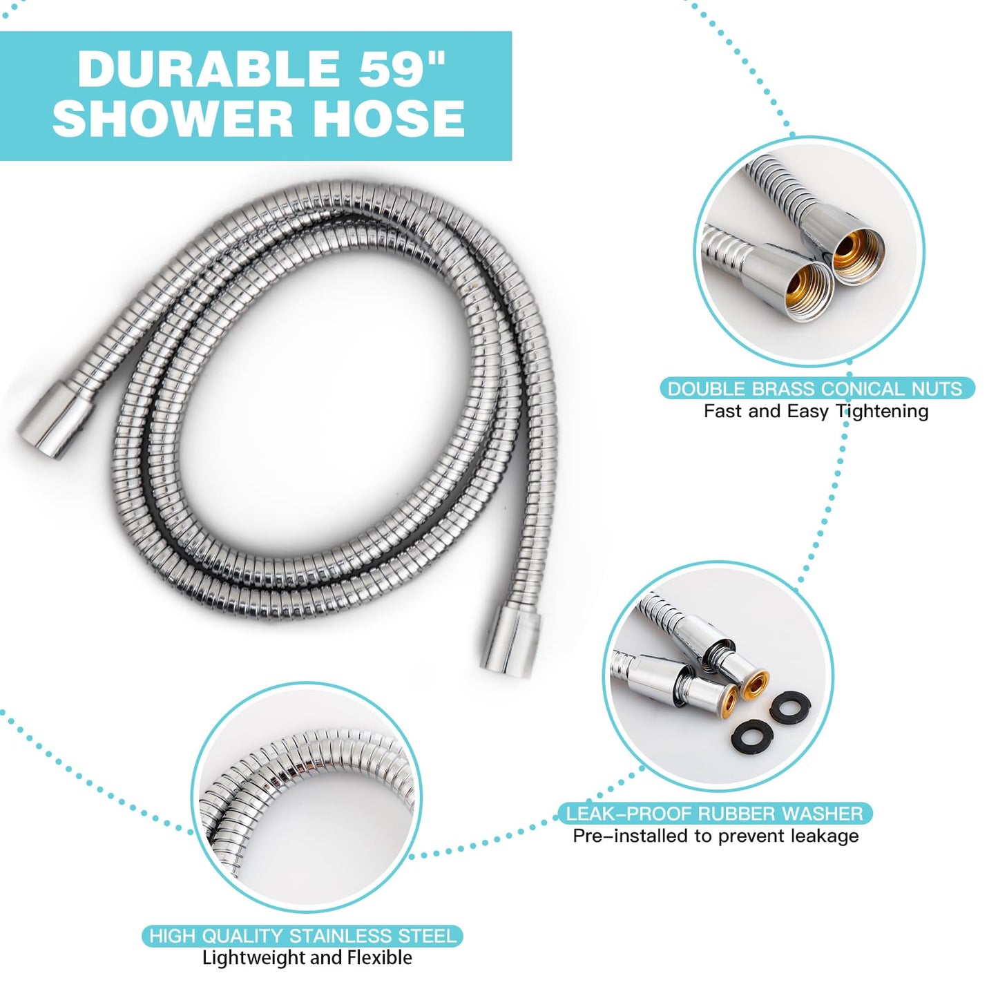 JDO 6-Setting High Pressure Handheld Shower Head – 4.7" Chrome Detachable Set with 59" Stainless Steel Hose & Adjustable Holder