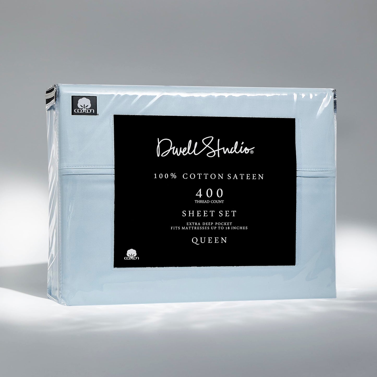 Dwell Studios Luxe Comfort: 400TC Cotton Sateen Weave Queen Sheet 4 Pc Set - Extra Deep Pocket - Fits 18" Mattresses - Blue, Queen