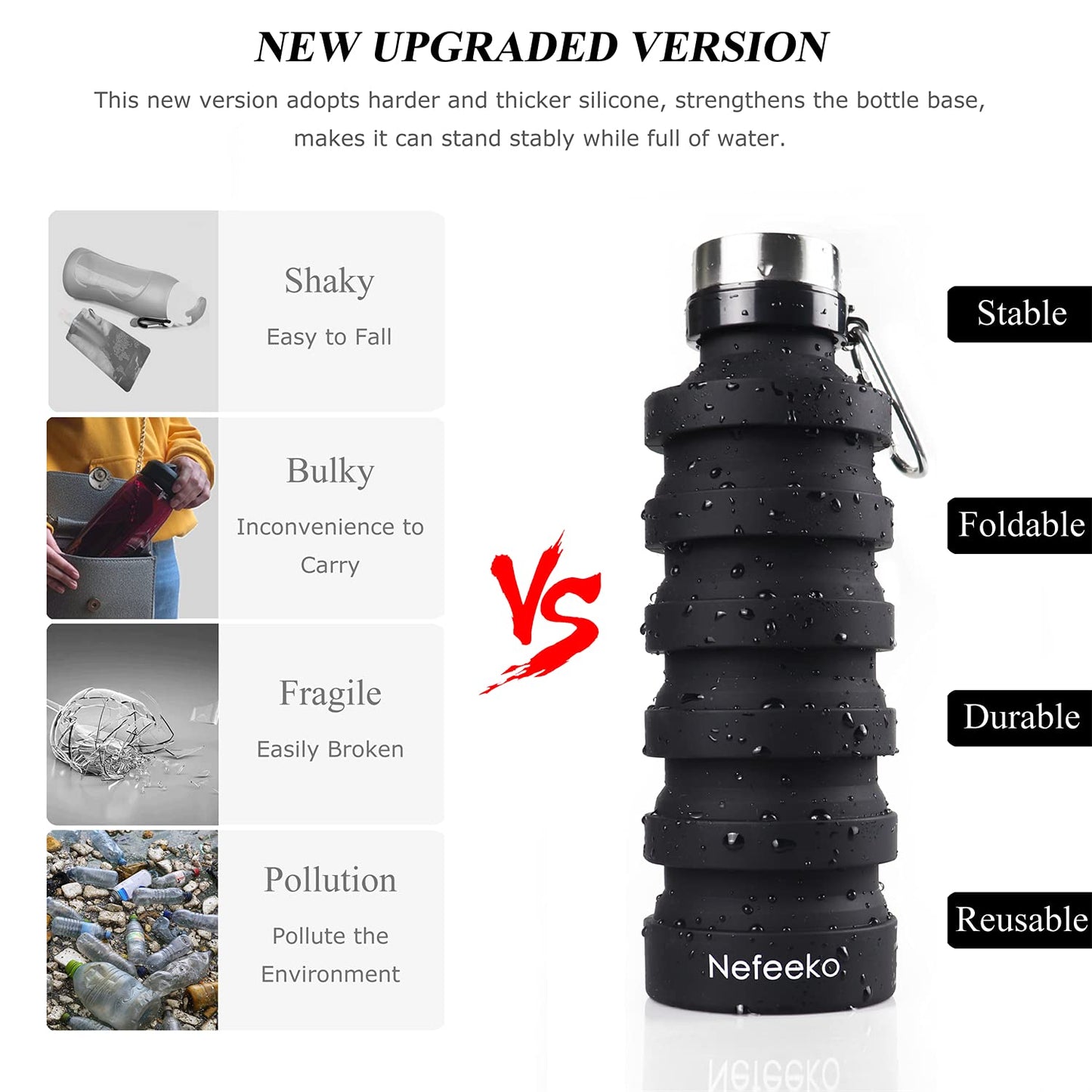 Nefeeko Collapsible Water Bottle, 27oz Reuseable BPA Free Silicone Foldable, Portable Leak Proof Sports Water Bottle with Carabiner for Travel Gym