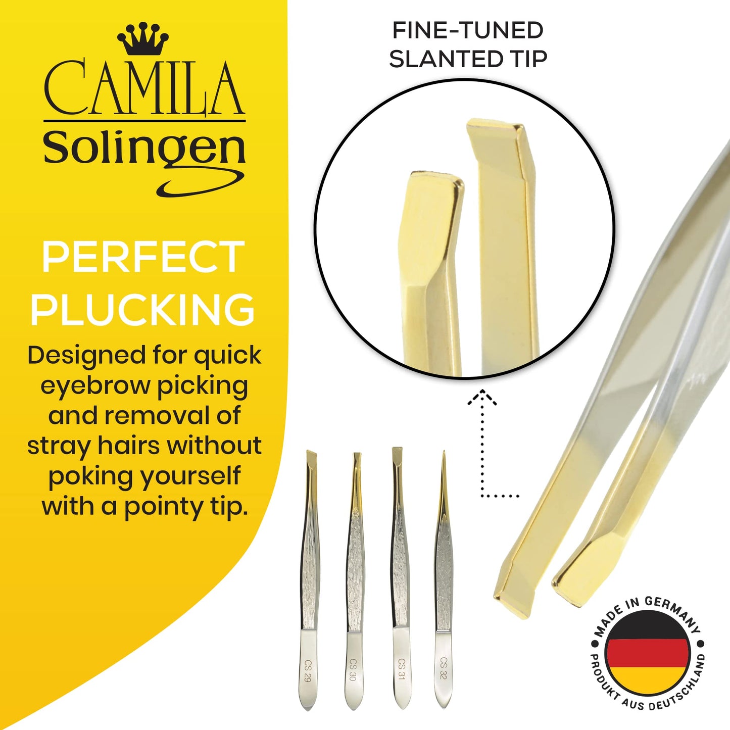 Camila Solingen CS29 3 1/2" Gold Tipped, Surgical Grade, German Stainless Steel Tweezers (Slanted) - Flawless Eyebrow and Facial Hair Shaping